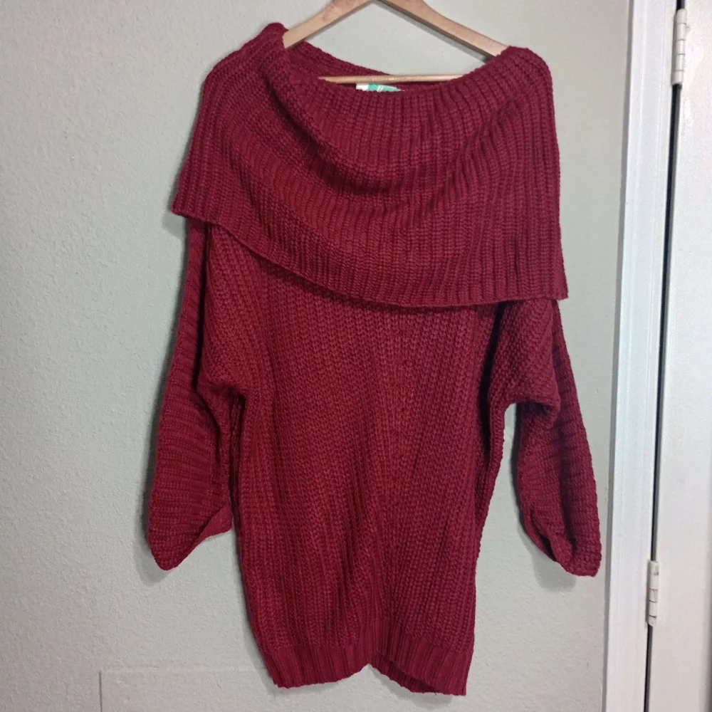 Umgee Fold Over Burgundy Oversized Knitted Sweater